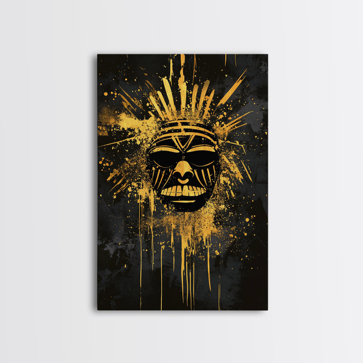 Tribal Sun Mask Gold Canvas Print, Bold Wall Art With Real Wood Frame, Cultural Decor, Splatter Style Artwork