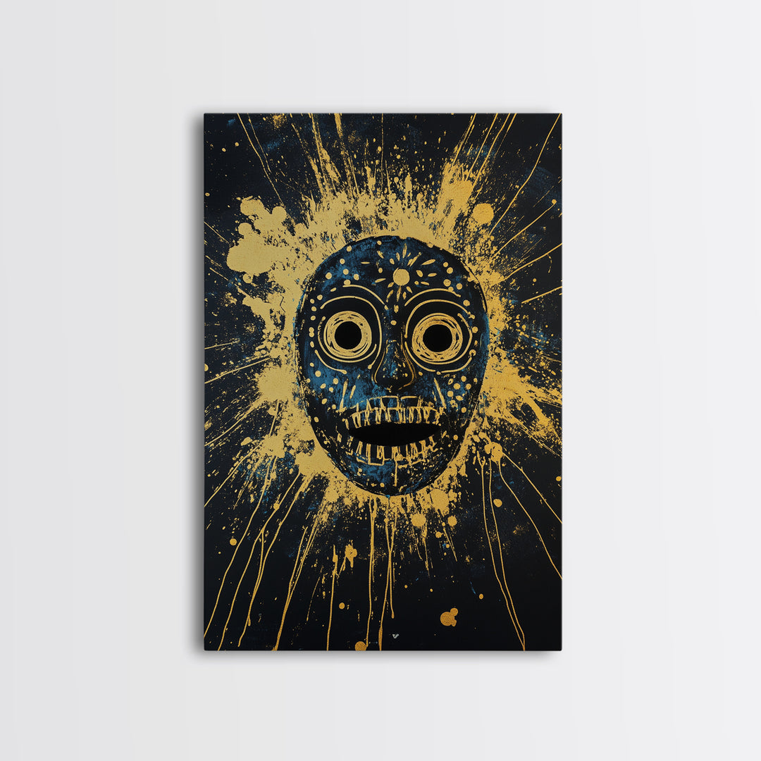 Cosmic Tribal Mask Gold Canvas Print, Unique Wall Art With Real Wood Frame, Ethnic Decor, Bold Splatter Artwork