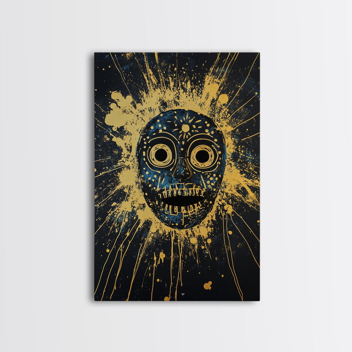 Cosmic Tribal Mask Gold Canvas Print, Unique Wall Art With Real Wood Frame, Ethnic Decor, Bold Splatter Artwork