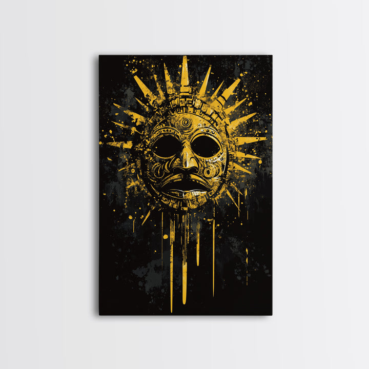Aztec Sun God Mask Gold Canvas Print, Tribal Wall Art With Real Wood Frame, Ancient Culture Decor, Bold Artwork