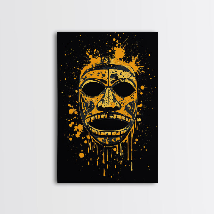 Traditional Tribal Mask Gold Canvas Print, Splatter Style Wall Art With Real Wood Frame, Cultural Decor Accent
