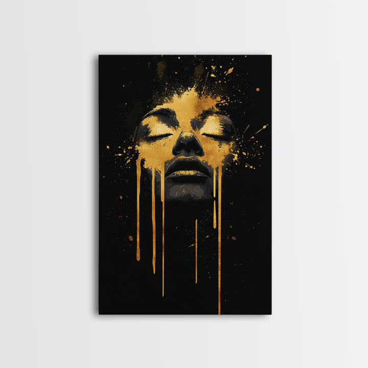 Golden Face Gold Canvas Art, Modern Wall Print With Real Wood Frame, Abstract Portrait, Splatter Style Cultural Decor