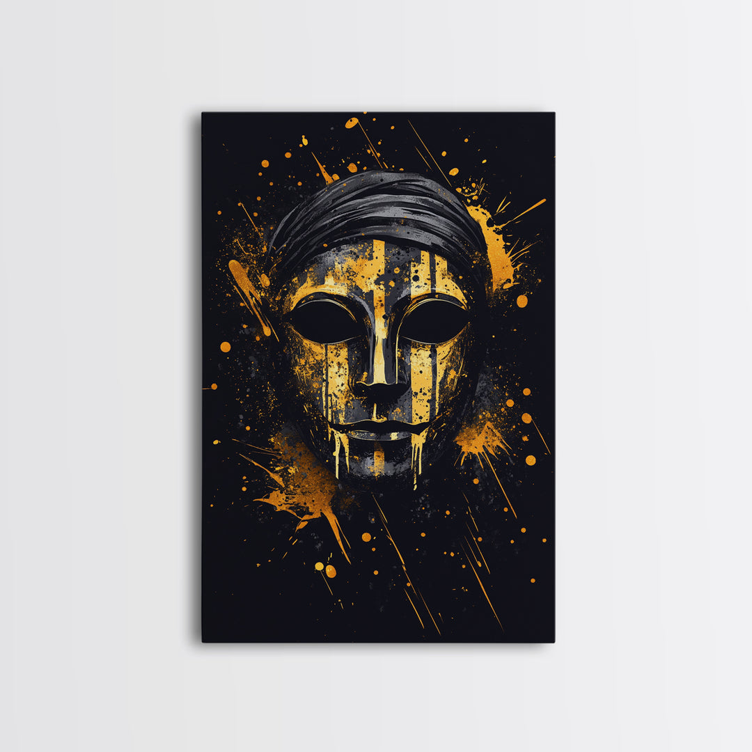 Classic Tribal Mask Gold Canvas Print, Bold Ethnic Wall Art With Real Wood Frame, Splatter Style Cultural Decor