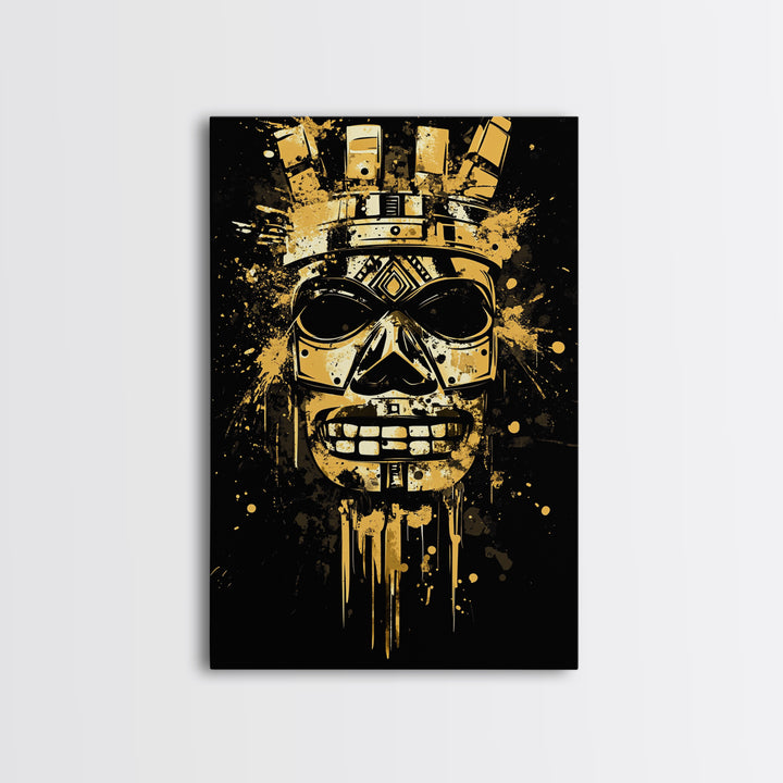 Ancient Warrior Mask Gold Canvas Print, Bold Wall Art With Real Wood Frame, Cultural Splatter Style Home Decor