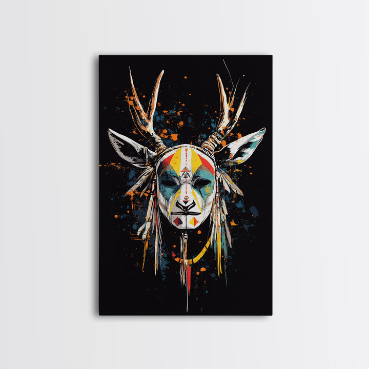 Deer Horn Mask Gold Canvas Print, Tribal Wall Art With Real Wood Frame, Ethnic Splatter Style Bold Wall Accent