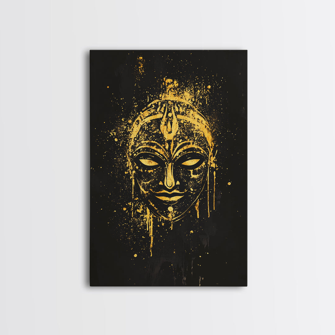 Mystical Goddess Mask Gold Canvas Art, Cultural Wall Print With Real Wood Frame, Splatter Style Decor For Bold Homes