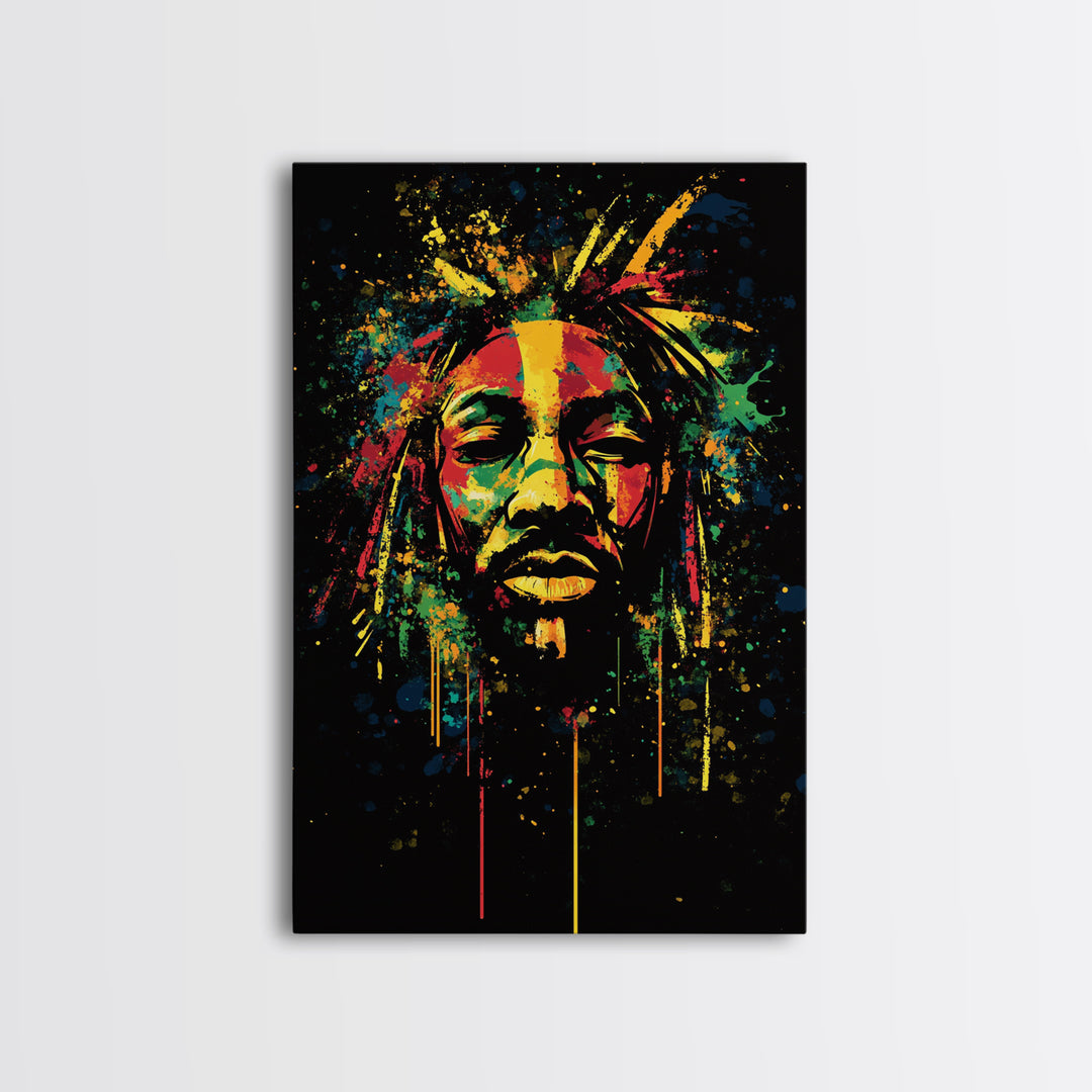 Rastafarian Portrait Gold Canvas Print, Vibrant Cultural Wall Art With Real Wood Frame, Bold Splatter Style Decor