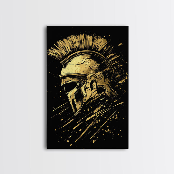 Spartan Warrior Helmet Gold Canvas Print, Ancient Greek Art, Mythology Wall Decor, Real Wood Frame, Bold Statement Piece