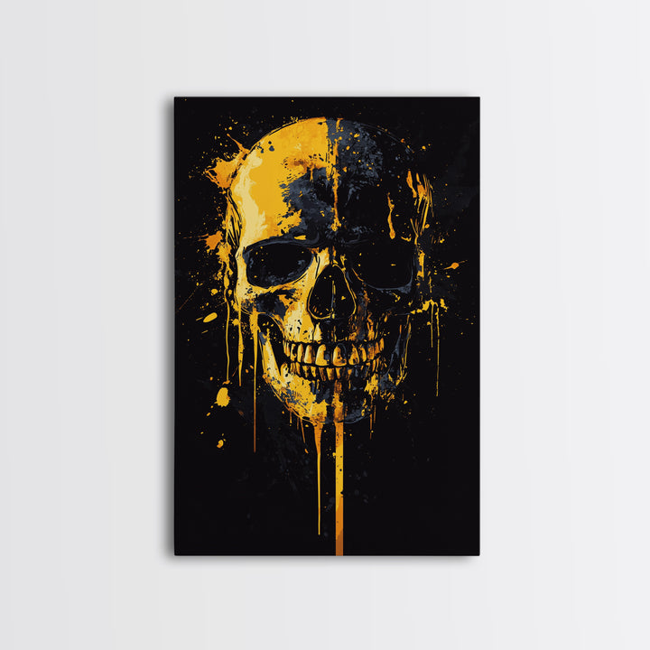 Dripping Skull Gold Canvas Print, Gothic Wall Art, Dark Decor, Edgy Skull Artwork, Real Wood Frame, Modern Statement Piece