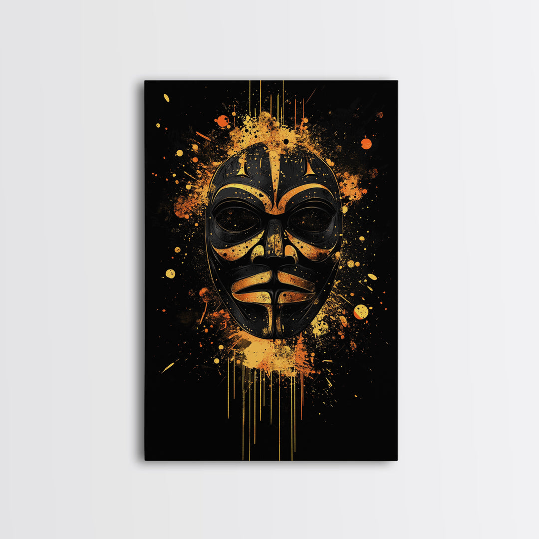 Nordic Warrior Mask Gold Canvas Print, Viking Art, Norse Wall Decor, Bold Splatter Artwork, Real Wood Frame, Mythology Design