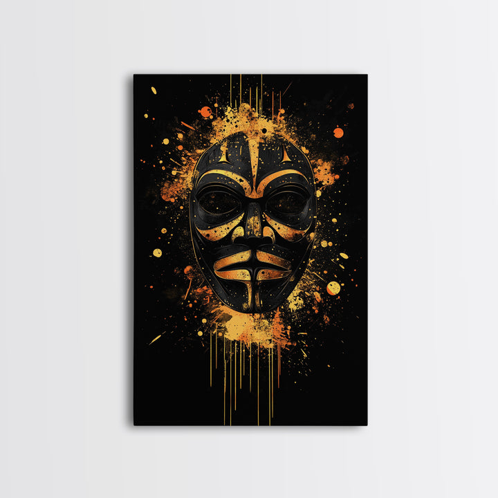 Nordic Warrior Mask Gold Canvas Print, Viking Art, Norse Wall Decor, Bold Splatter Artwork, Real Wood Frame, Mythology Design