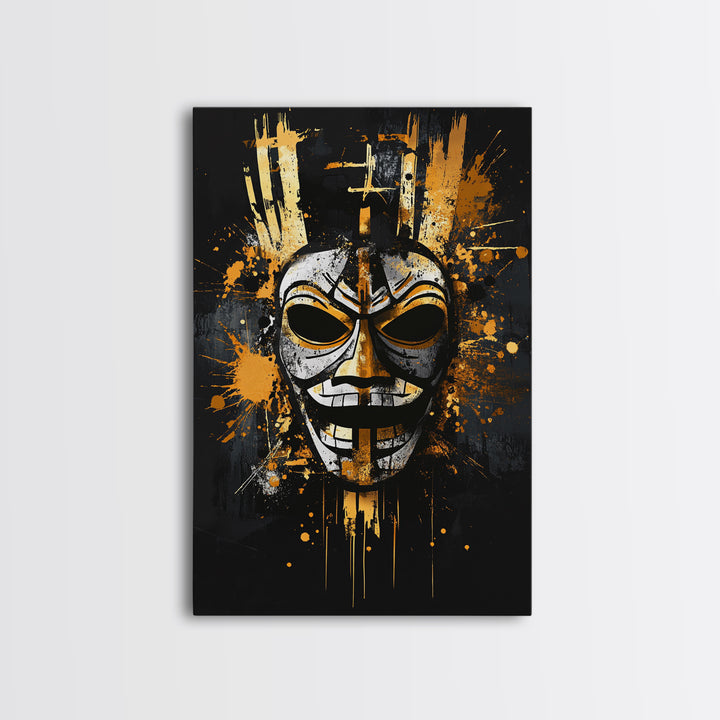 Tribal Warrior Mask Gold Canvas Print, Fierce Mask Art, Bold Wall Decor, Real Wood Frame, Dramatic Splatter Effect Artwork