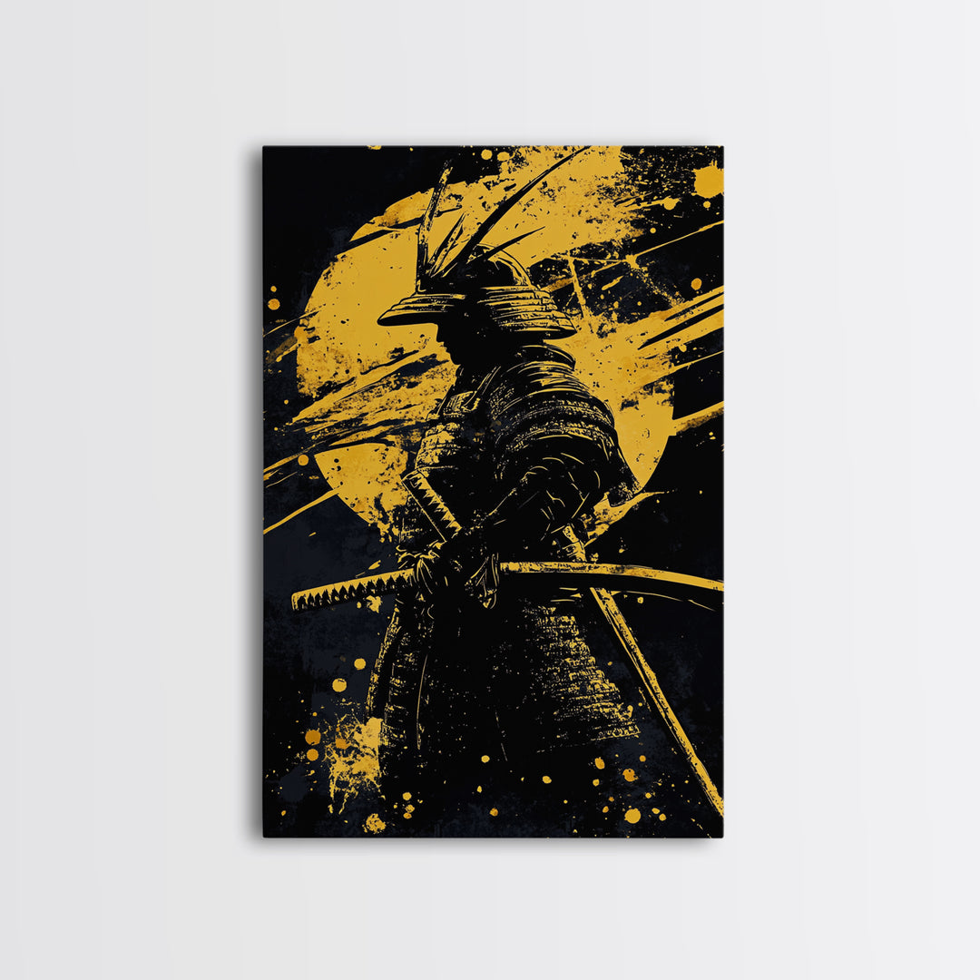 Samurai Warrior Gold Canvas Print, Japanese Art, Martial Wall Decor, Bushido Inspired Artwork, Real Wood Frame, Bold Statement Piece