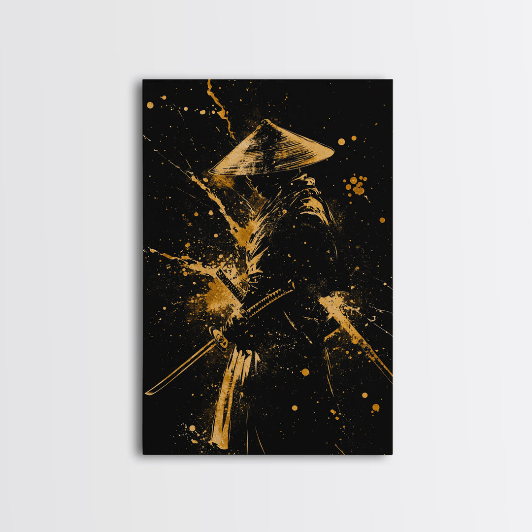 Ronin Samurai Gold Canvas Print, Japanese Warrior Art, Epic Splatter Decor, Real Wood Frame, Fierce Bushido Inspired Wall Artwork