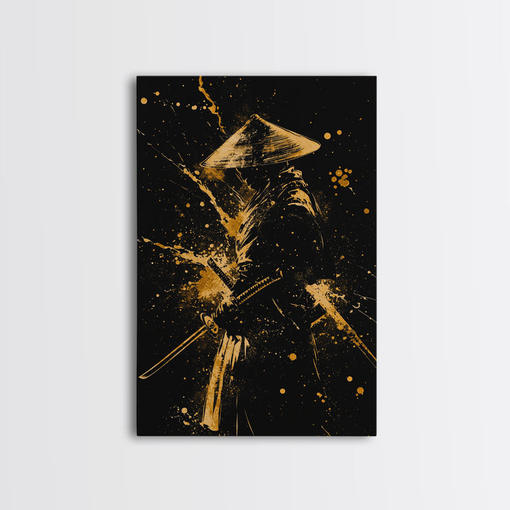 Ronin Samurai Gold Canvas Print, Japanese Warrior Art, Epic Splatter Decor, Real Wood Frame, Fierce Bushido Inspired Wall Artwork