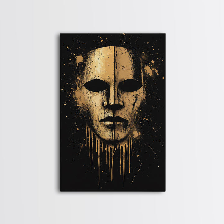Ancient Warrior Mask Gold Canvas Print, Bold Tribal Decor, Striking Wall Art, Real Wood Frame, Splatter Effect Modern Artwork