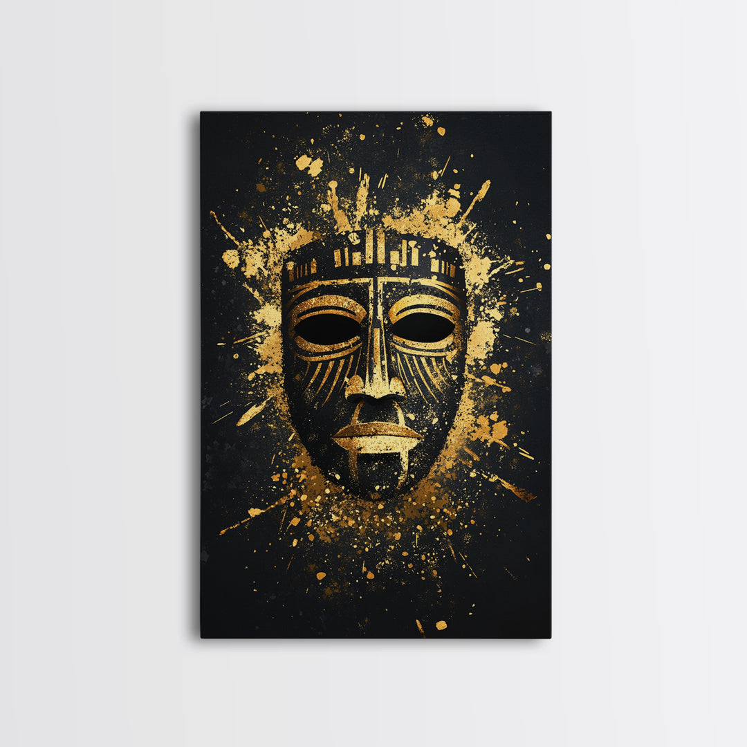 Mystical Tribal Mask Gold Canvas Print, Abstract Wall Art, Bold Statement Decor, Real Wood Frame, Unique Splatter Inspired Artwork