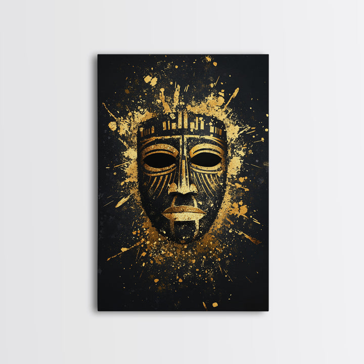 Mystical Tribal Mask Gold Canvas Print, Abstract Wall Art, Bold Statement Decor, Real Wood Frame, Unique Splatter Inspired Artwork