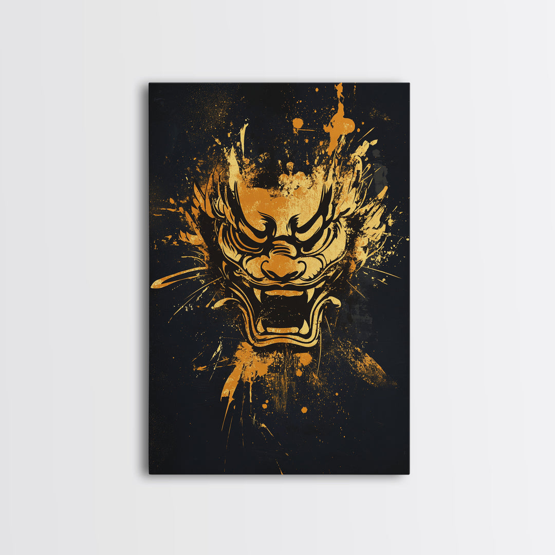 Mythical Dragon Face Gold Canvas Print, Asian Inspired Art, Fierce Wall Decor, Real Wood Frame, Splatter Style Statement Artwork