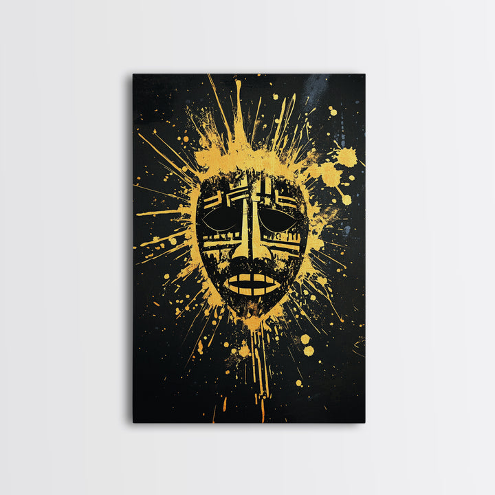 Tribal Mask Gold Canvas Print, Ethnic Wall Art, Real Wood Frame, Splatter Abstract Face Decor, Modern Tribal Home Accent