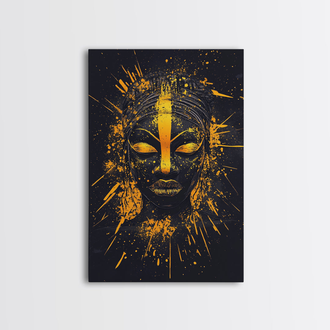 African Goddess Gold Canvas Print, Ethnic Wall Art, Real Wood Frame, Splatter Portrait Art, Bold Tribal Modern Decor