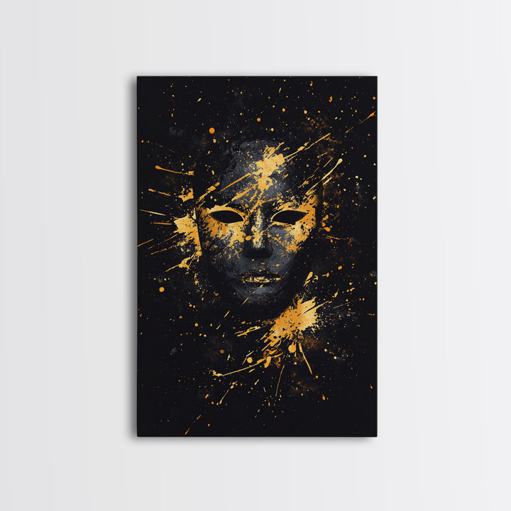 Mystical Face Gold Canvas Print, Tribal Mask Art, Real Wood Frame, Splatter Abstract Decor, Cultural Ethnic Wall Accent