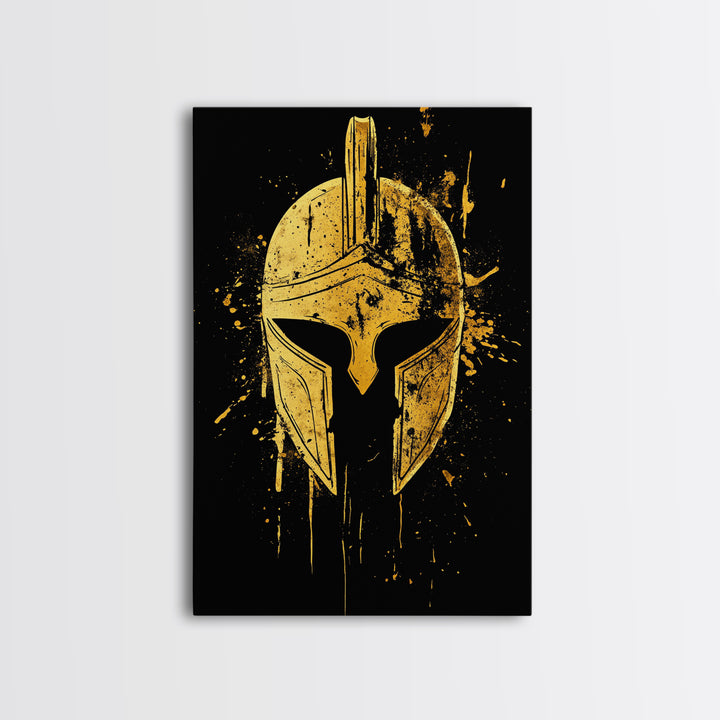 Spartan Helmet Gold Canvas Print, Warrior Wall Art, Real Wood Frame, Bold Historic Decor, Ancient Greek Inspired Artwork