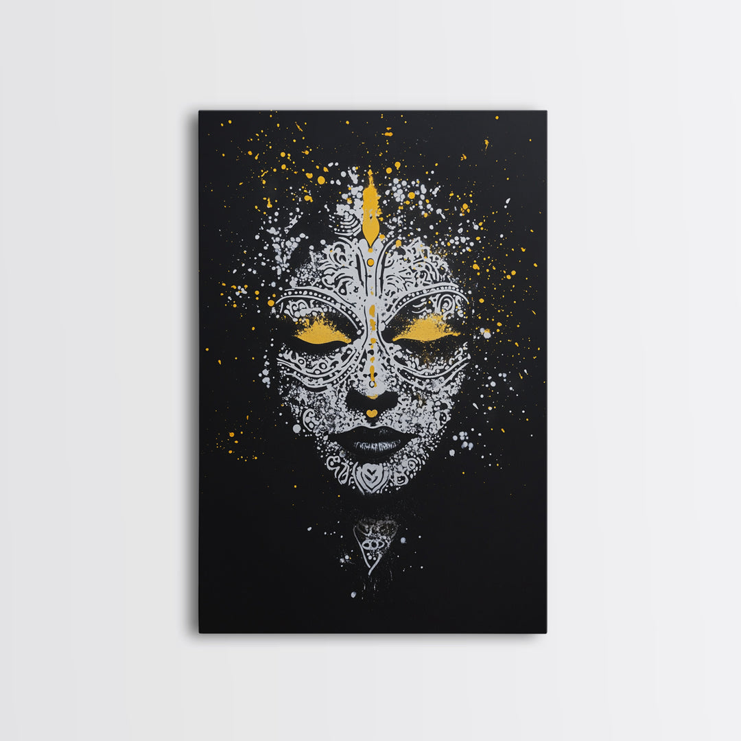 Demon Mask Gold Canvas Print, Tribal Wall Art, Real Wood Frame, Mythical Splatter Art, Cultural Home Decor Accent
