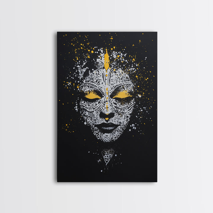 Demon Mask Gold Canvas Print, Tribal Wall Art, Real Wood Frame, Mythical Splatter Art, Cultural Home Decor Accent