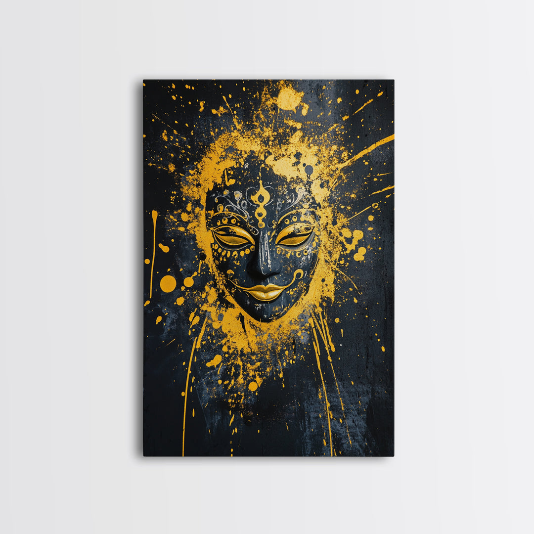 Sacred Mask Gold Canvas Print, Ethnic Wall Art, Real Wood Frame, Mystical Splatter Portrait, Tribal Inspired Home Decor