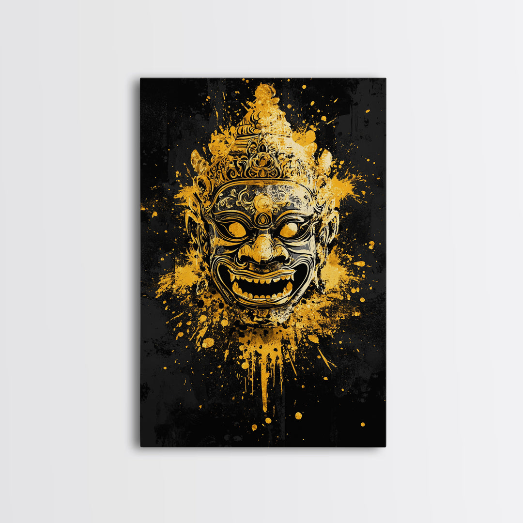 Ornamental Face Gold Canvas Print, Tribal Mask Wall Art, Real Wood Frame, Ethnic Splatter Decor, Cultural Portrait Artwork