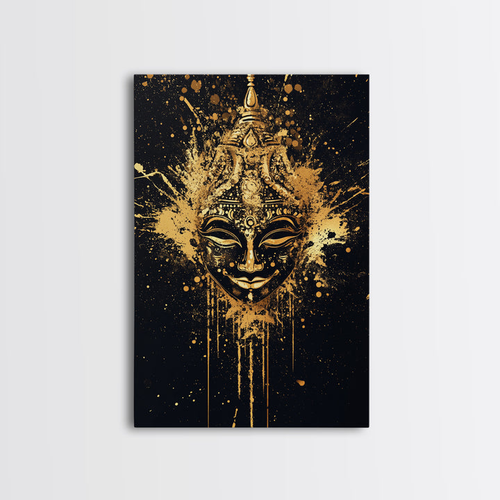 Decorative Mask Gold Canvas Print, Tribal Wall Art, Real Wood Frame, Splatter Abstract Portrait, Ethnic Cultural Accent