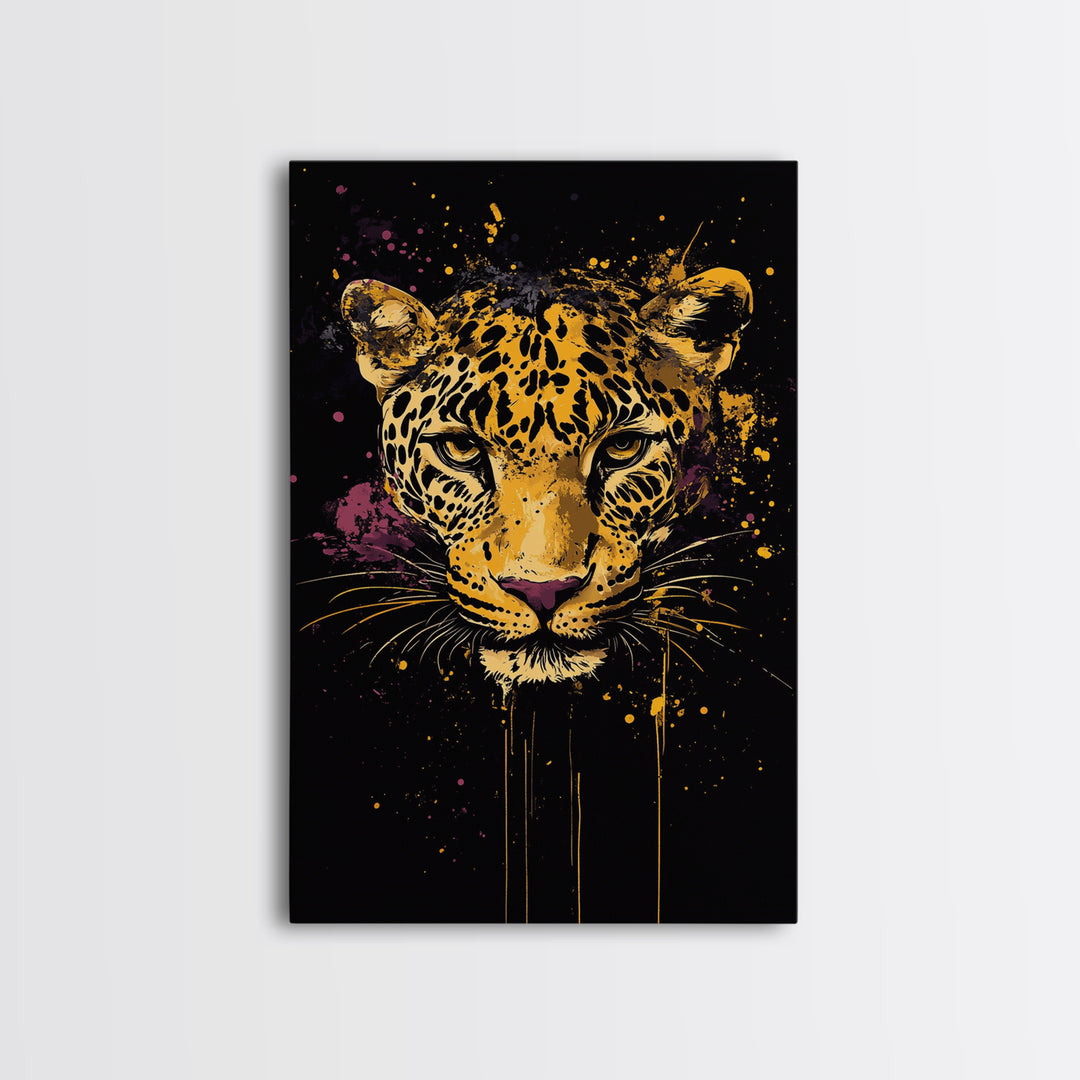 Leopard Portrait Gold Canvas Print, Tribal Animal Art, Real Wood Frame, Splatter Wildlife Decor, Bold Exotic Jungle Artwork