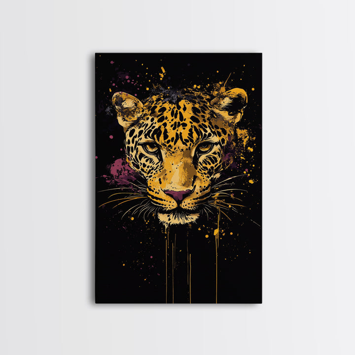 Leopard Portrait Gold Canvas Print, Tribal Animal Art, Real Wood Frame, Splatter Wildlife Decor, Bold Exotic Jungle Artwork