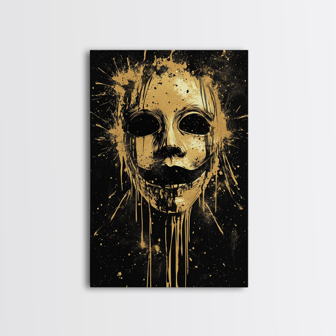 Tribal Mask Splatter Art, Gold Canvas Print, Abstract Ethnic Wall Decor, Real Wood Frame, Modern Warrior Artwork
