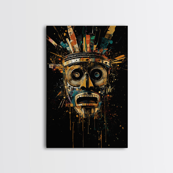 Abstract Splatter Mask Face, Gold Canvas Print, Modern Tribal Wall Art, Real Wood Frame, Contemporary Statement Decor