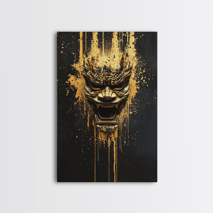 Spartan Warrior Helmet Splatter Art, Gold Canvas Print, Historical Wall Decor, Real Wood Frame, Ancient Warrior Artwork