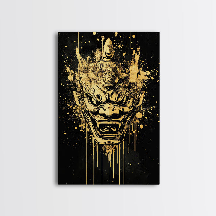 Mythical Demon Splatter Mask, Gold Canvas Print, Bold Wall Art, Real Wood Frame, Fierce Cultural Decor