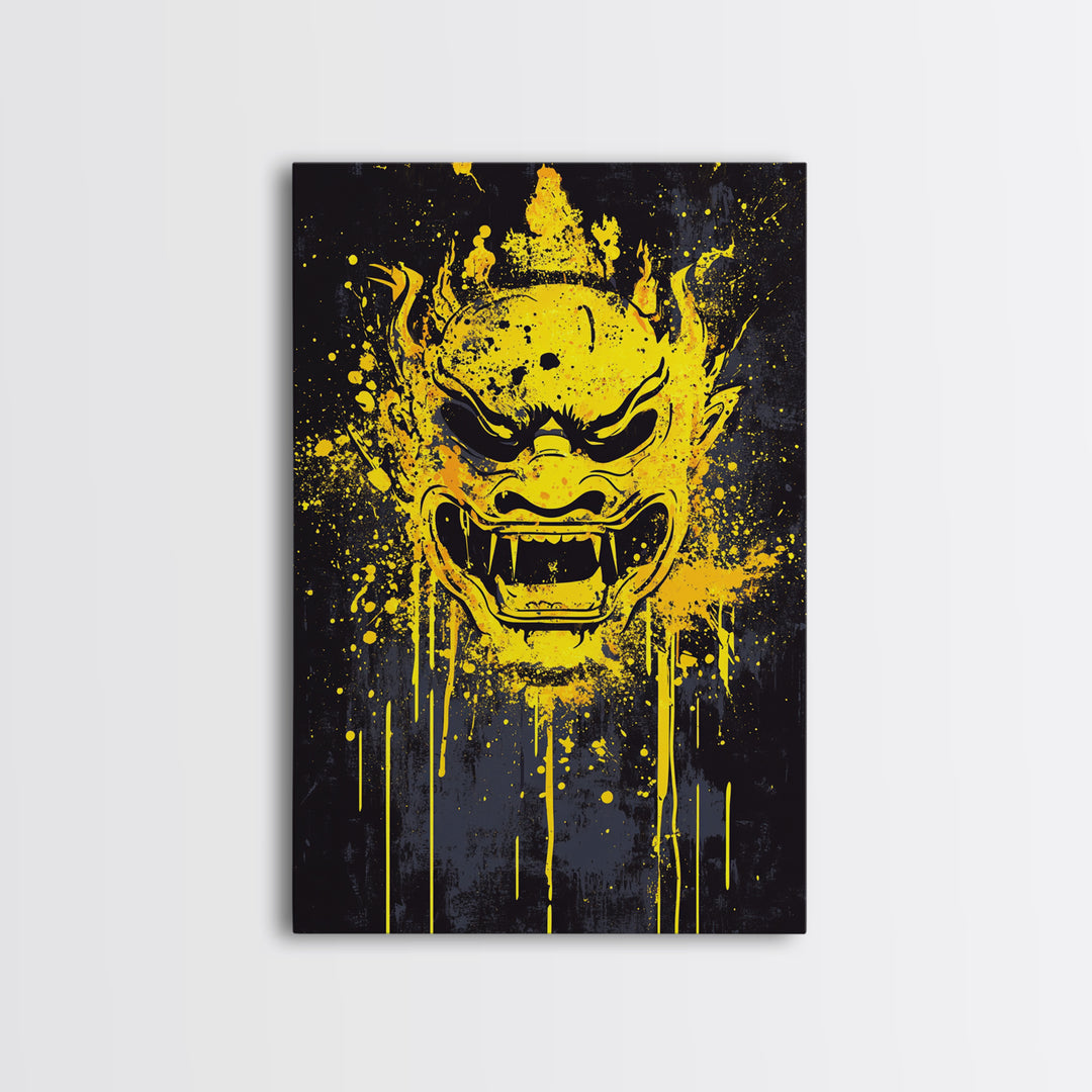 Sacred Mask Splatter Art, Gold Canvas Print, Ethnic Spiritual Wall Decor, Real Wood Frame, Mystical Warrior Artwork
