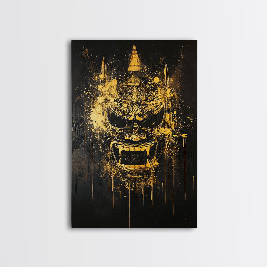 Ornate Splatter Face Mask, Gold Canvas Print, Abstract Cultural Wall Art, Real Wood Frame, Detailed Tribal Artwork