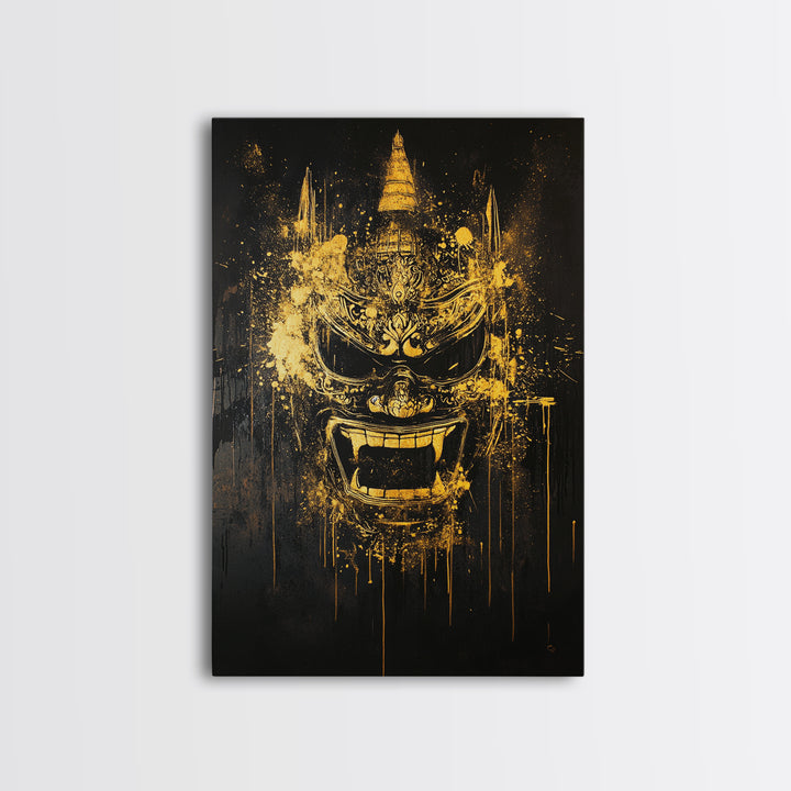 Ornate Splatter Face Mask, Gold Canvas Print, Abstract Cultural Wall Art, Real Wood Frame, Detailed Tribal Artwork