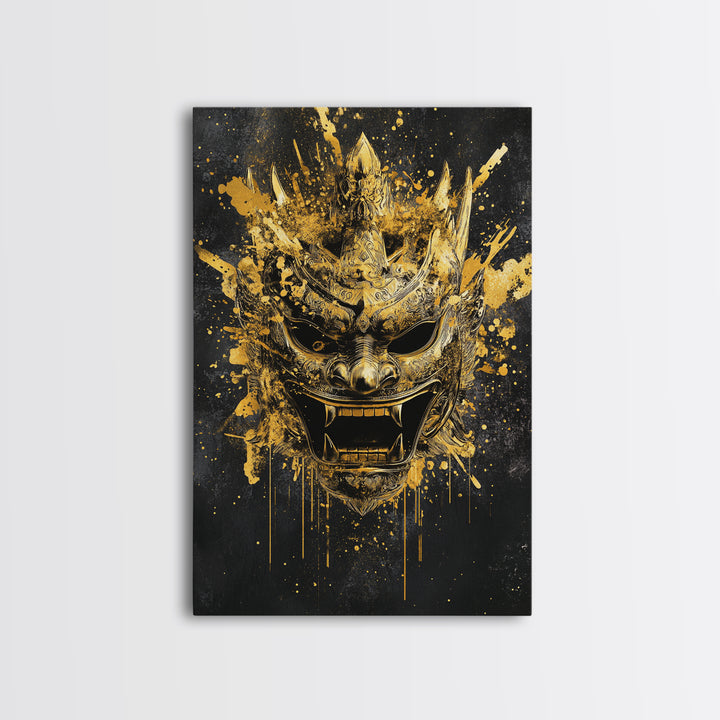 Decorative Tribal Splatter Mask, Gold Canvas Print, Modern Ethnic Wall Decor, Real Wood Frame, Bold Statement Artwork