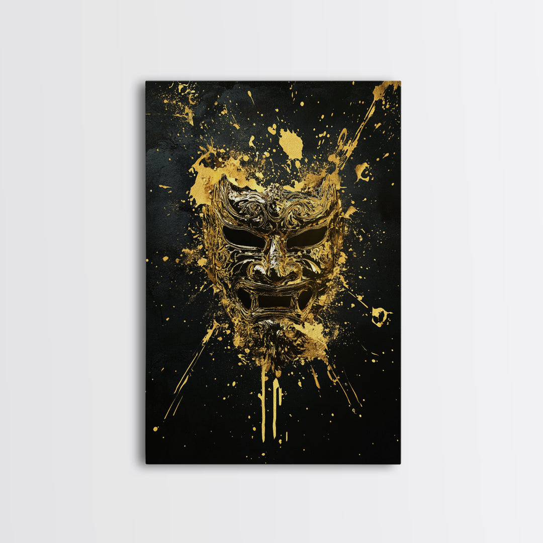 Fierce Demon Mask Gold Canvas Print, Splatter Art Wall Decor, Mythical Wall Art, Real Wood Frame, Tribal Home Accent