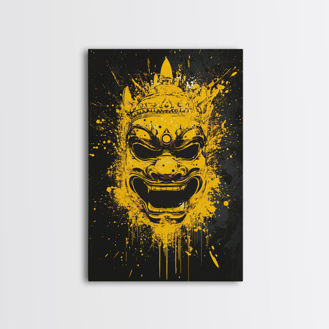 Ancient Warrior Mask Gold Canvas Print, Splatter Style Wall Decor, Bold Wall Art, Real Wood Frame, Mythical Home Accent