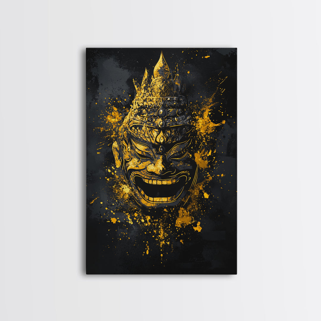 Mythical Demon Mask Gold Canvas Print, Splatter Style Wall Decor, Tribal Inspired Wall Art, Real Wood Frame, Bold Home Accent