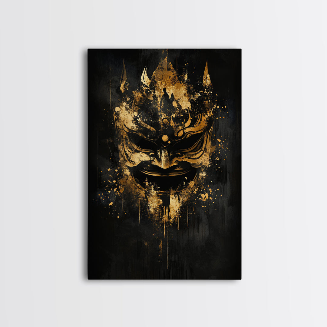 Vibrant Demon Face Gold Canvas Print, Splatter Art Wall Decor, Tribal Mythical Mask, Real Wood Frame, Bold Home Accent
