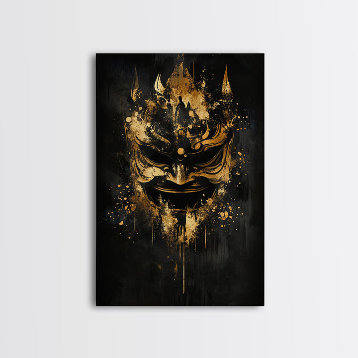 Vibrant Demon Face Gold Canvas Print, Splatter Art Wall Decor, Tribal Mythical Mask, Real Wood Frame, Bold Home Accent