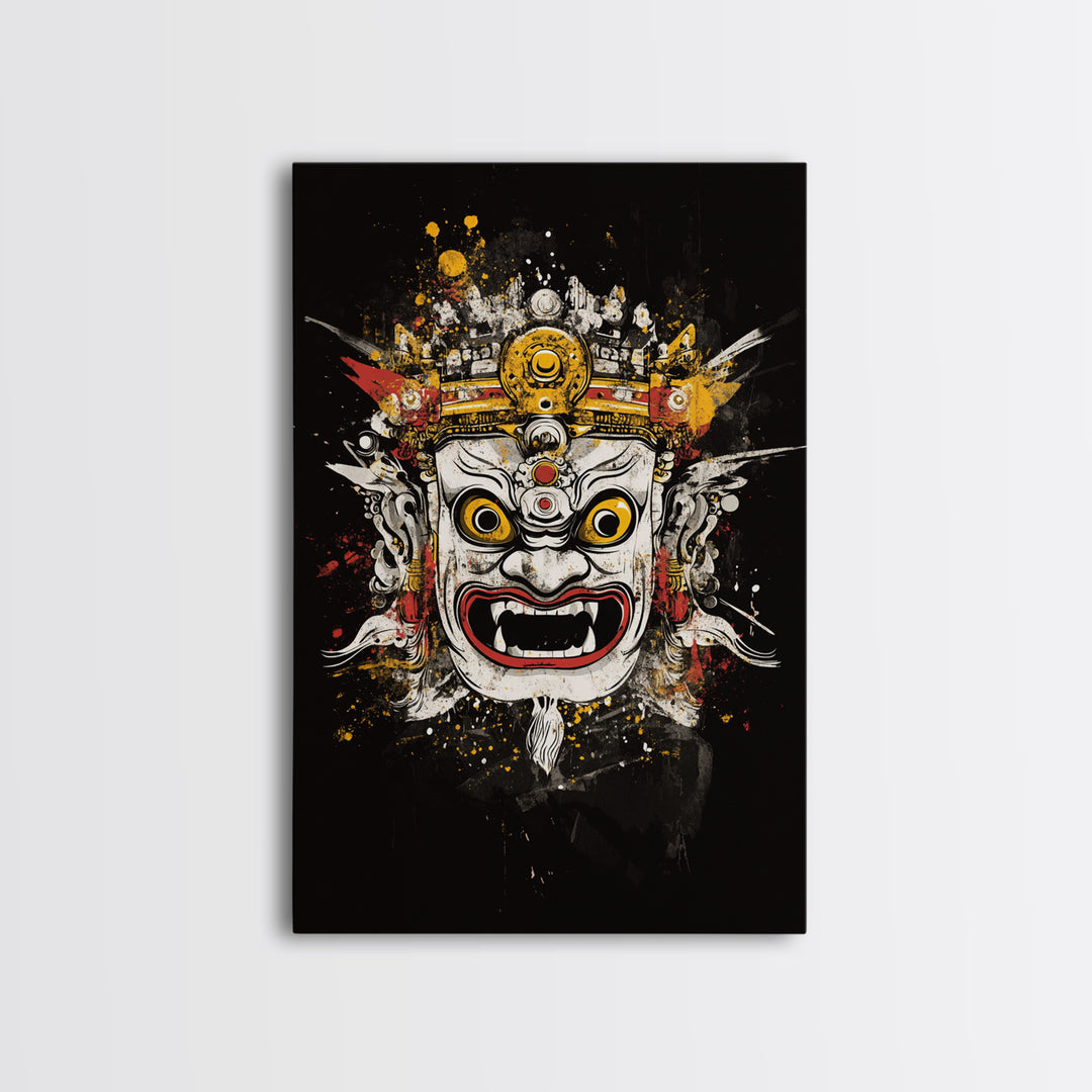 Balinese Mask Gold Canvas Print, Splatter Art Wall Decor, Mythical Cultural Wall Art, Real Wood Frame, Tribal Home Accent