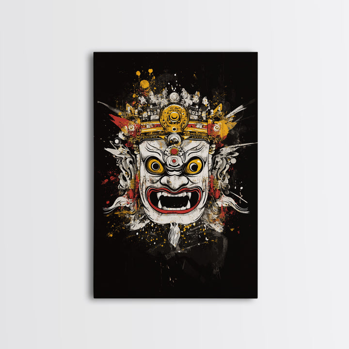 Balinese Mask Gold Canvas Print, Splatter Art Wall Decor, Mythical Cultural Wall Art, Real Wood Frame, Tribal Home Accent