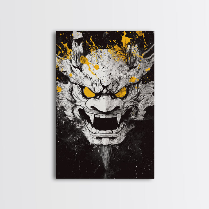 Dragon Demon Face Gold Canvas Print, Splatter Style Wall Decor, Fierce Mythical Mask Art, Real Wood Frame, Tribal Home Accent